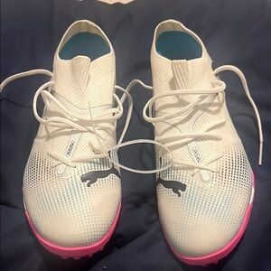 Puma White and Pink Athletic Shoes with Knitted Upper